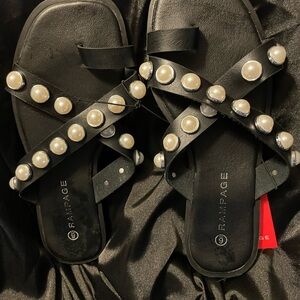 Rampage Black Pearl-Stud Crisscross Slide Sandals